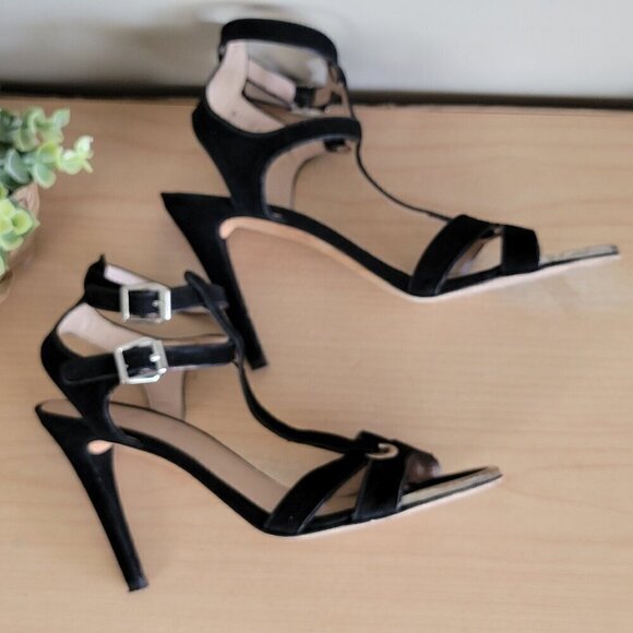 Stuart Weitzman T Strap Black Suede Double Ankle Buckle Strappy Heels Sandals - Picture 4 of 16